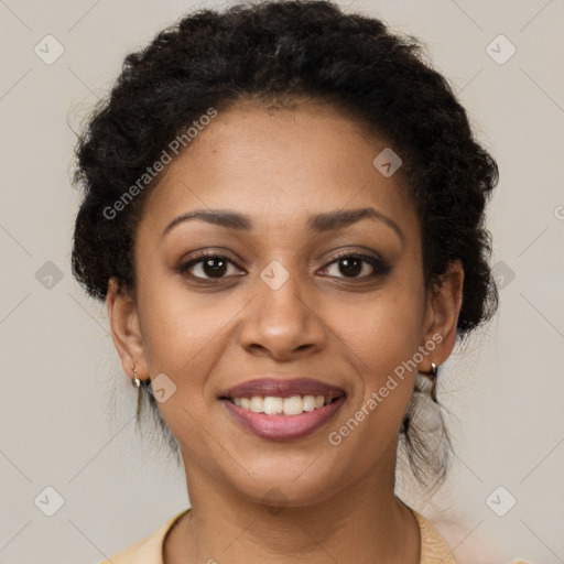 Joyful latino young-adult female with short  brown hair and brown eyes