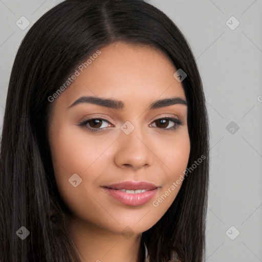 Joyful latino young-adult female with long  brown hair and brown eyes