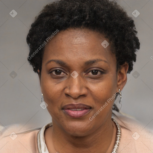 Joyful black adult female with short  brown hair and brown eyes