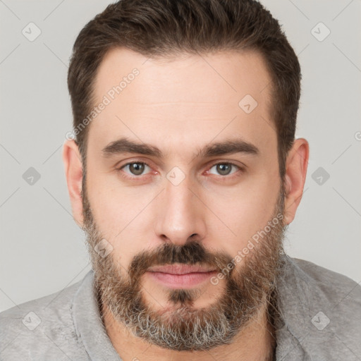 Neutral white young-adult male with short  brown hair and brown eyes