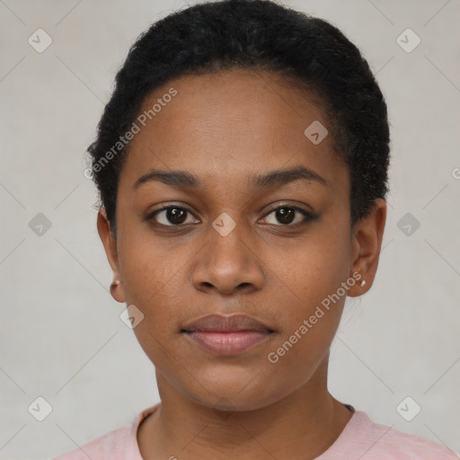 Neutral black young-adult female with short  black hair and brown eyes