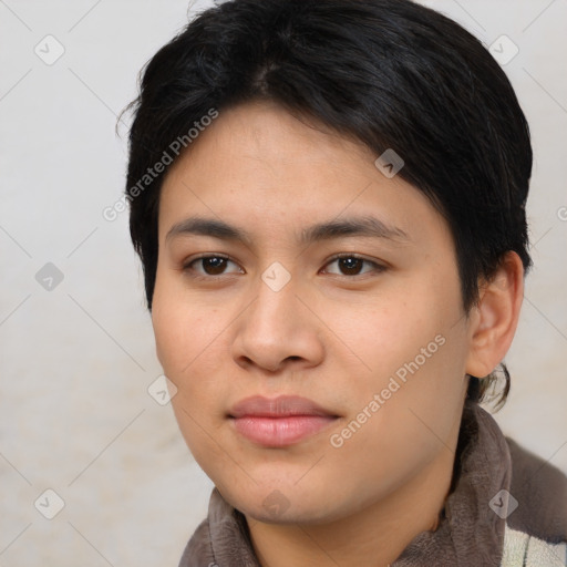 Joyful asian young-adult female with medium  brown hair and brown eyes