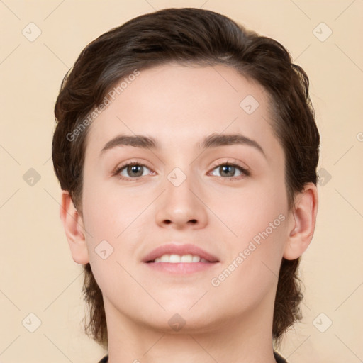 Neutral white young-adult female with short  brown hair and brown eyes