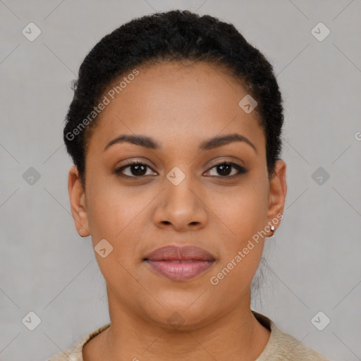 Joyful latino young-adult female with short  brown hair and brown eyes