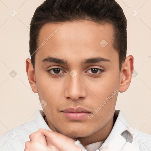 Neutral white young-adult male with short  brown hair and brown eyes