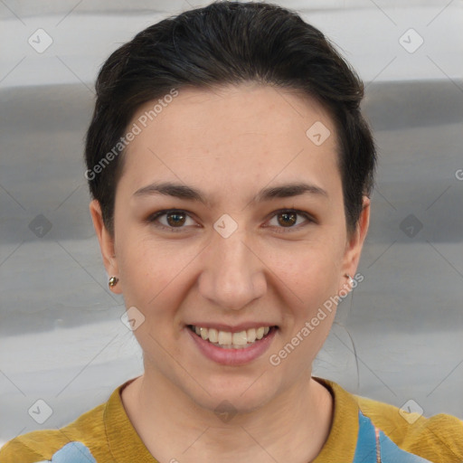 Joyful white young-adult female with short  brown hair and brown eyes