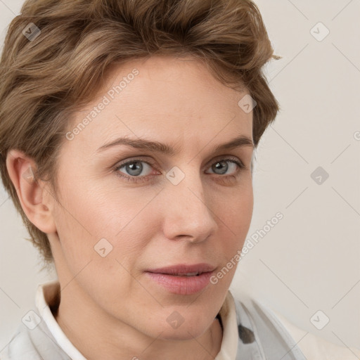 Neutral white young-adult female with short  brown hair and grey eyes