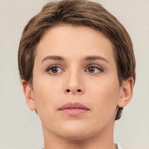 Neutral white young-adult female with short  brown hair and brown eyes