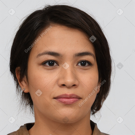 Neutral asian young-adult female with medium  brown hair and brown eyes