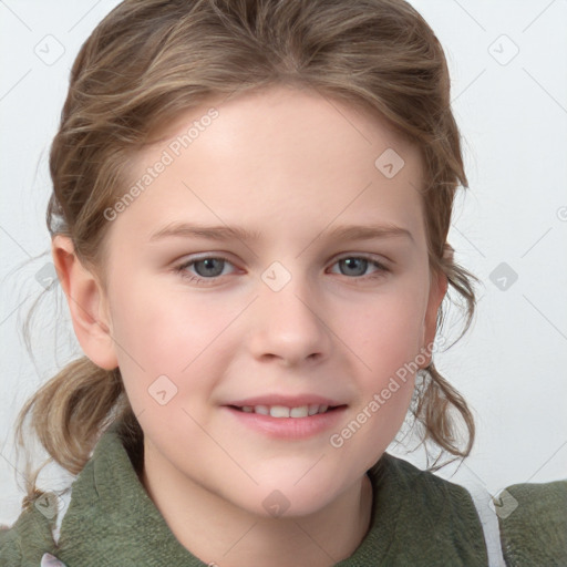 Joyful white child female with medium  brown hair and grey eyes