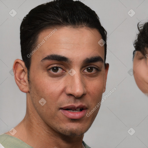 Neutral white young-adult male with short  brown hair and brown eyes