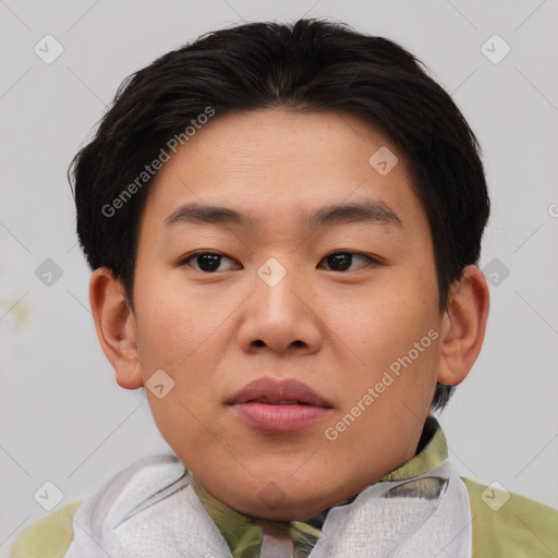 Joyful asian young-adult female with short  brown hair and brown eyes