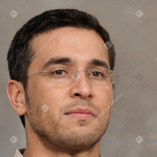 Neutral white adult male with short  brown hair and brown eyes