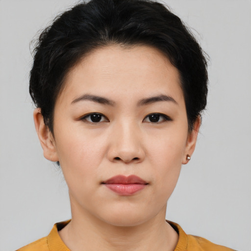 Neutral white young-adult female with short  black hair and brown eyes