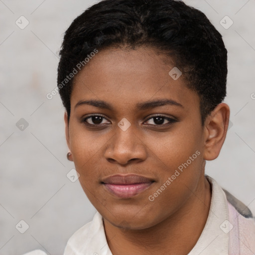 Joyful black young-adult female with short  black hair and brown eyes