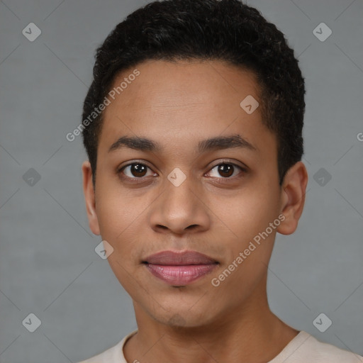 Joyful latino young-adult male with short  brown hair and brown eyes