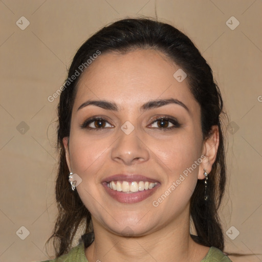 Joyful white young-adult female with long  brown hair and brown eyes