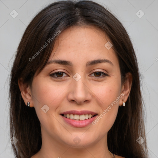 Joyful white young-adult female with long  brown hair and brown eyes