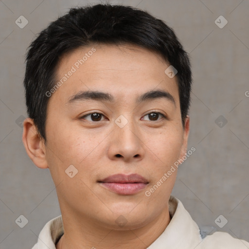 Neutral asian young-adult male with short  brown hair and brown eyes