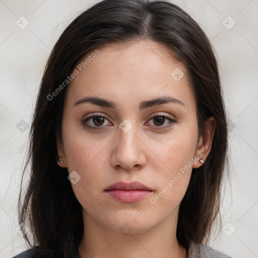 Neutral white young-adult female with medium  brown hair and brown eyes