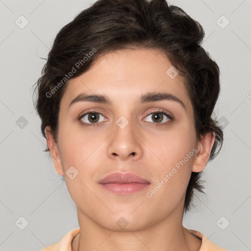 Neutral white young-adult female with medium  brown hair and brown eyes