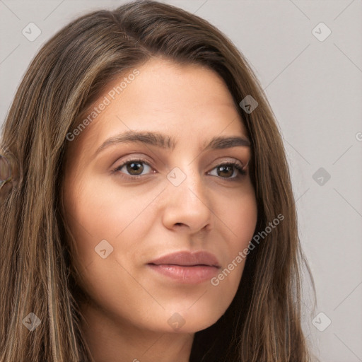 Neutral white young-adult female with long  brown hair and brown eyes