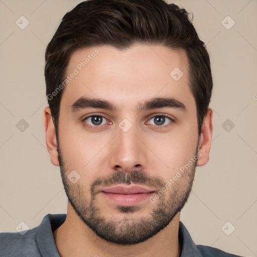 Neutral white young-adult male with short  brown hair and brown eyes