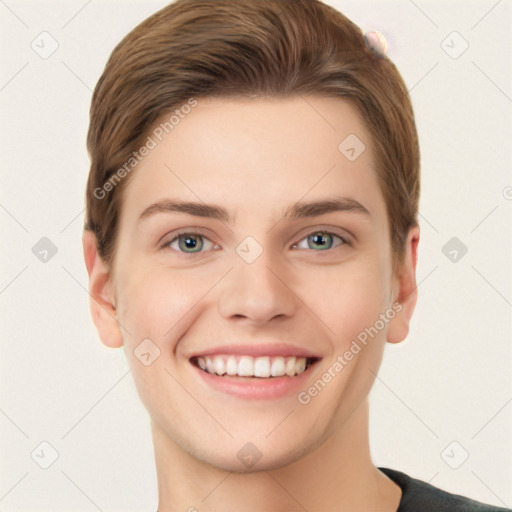 Joyful white young-adult female with short  brown hair and grey eyes