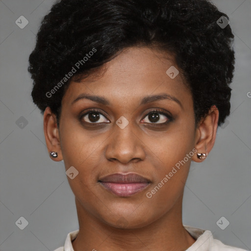 Joyful latino young-adult female with short  black hair and brown eyes