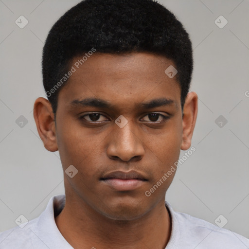 Neutral black young-adult male with short  black hair and brown eyes