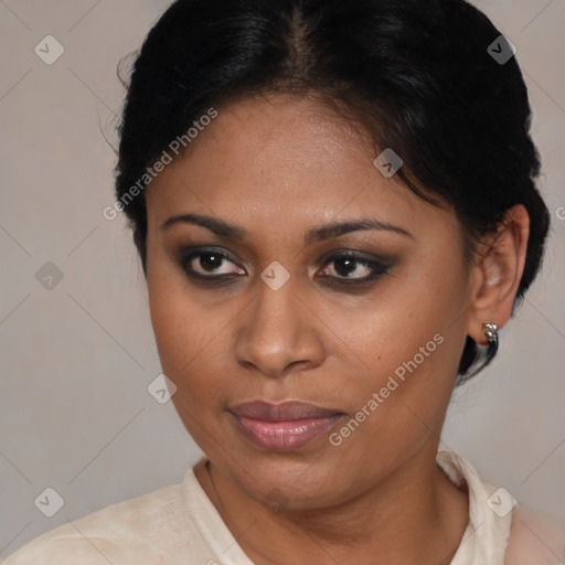 Joyful latino young-adult female with medium  brown hair and brown eyes