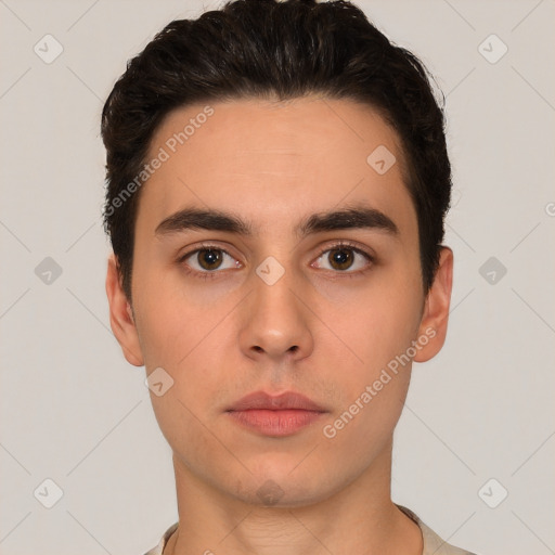 Neutral white young-adult male with short  brown hair and brown eyes