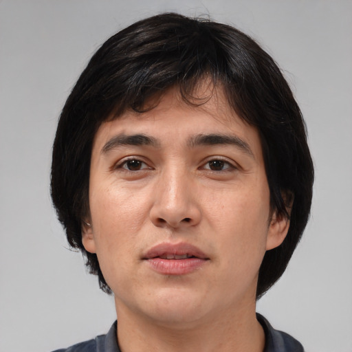 Joyful white young-adult male with medium  brown hair and brown eyes