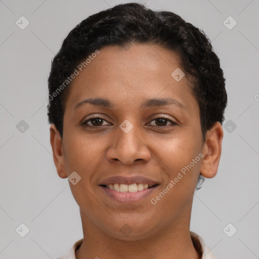 Joyful latino young-adult female with short  brown hair and brown eyes