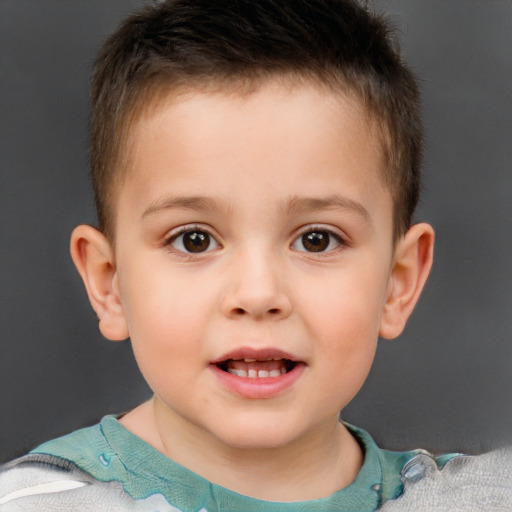 Joyful white child male with short  brown hair and brown eyes