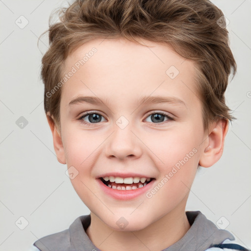 Joyful white child female with short  brown hair and grey eyes