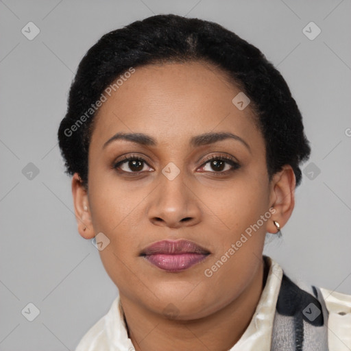 Joyful latino young-adult female with short  black hair and brown eyes