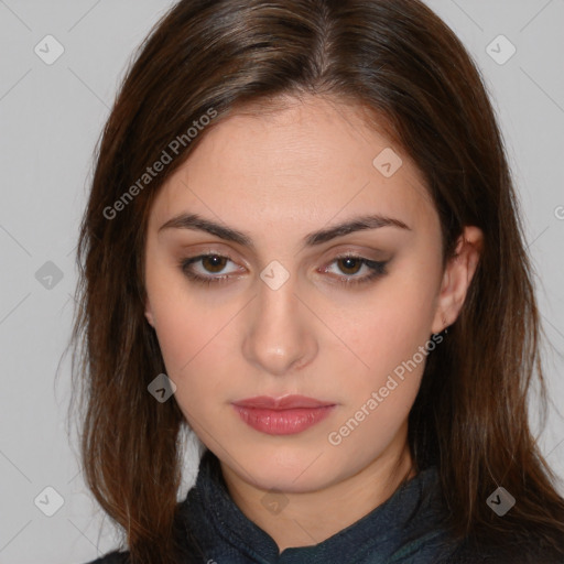 Neutral white young-adult female with medium  brown hair and brown eyes