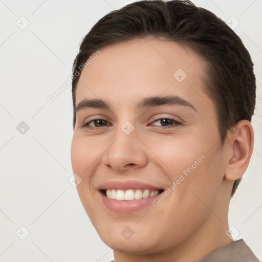 Joyful white young-adult female with short  brown hair and brown eyes