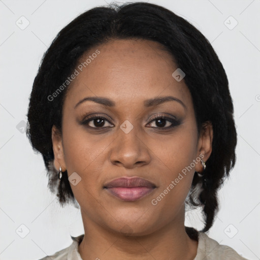 Joyful black young-adult female with medium  black hair and brown eyes