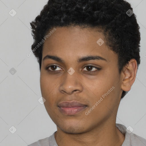 Neutral black young-adult female with short  black hair and brown eyes
