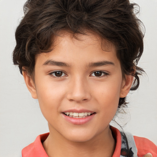 Joyful white child female with short  brown hair and brown eyes