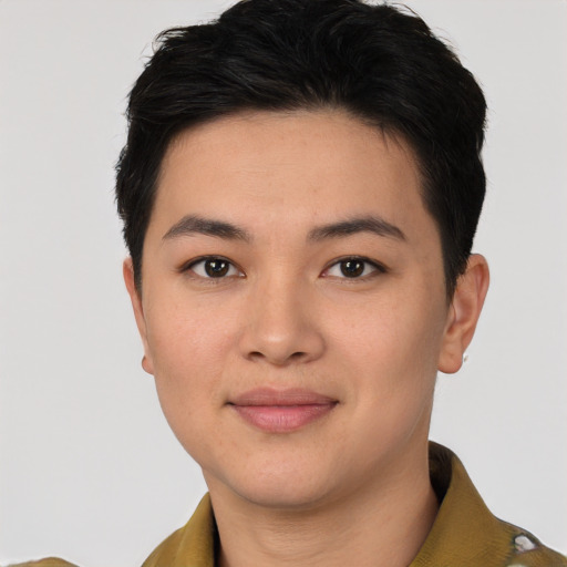 Joyful white young-adult female with short  black hair and brown eyes