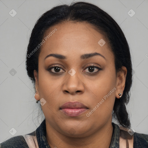 Joyful latino young-adult female with medium  black hair and brown eyes