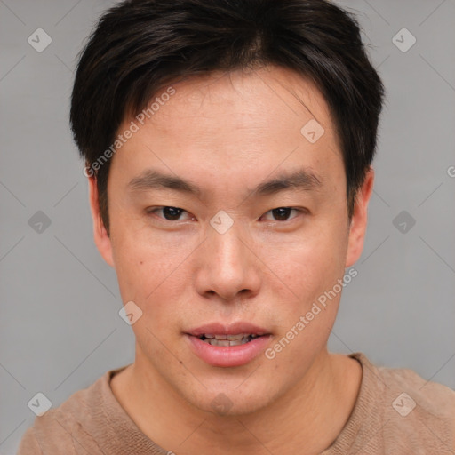 Neutral asian young-adult male with short  brown hair and brown eyes