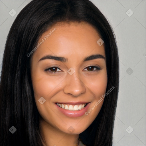 Joyful latino young-adult female with long  brown hair and brown eyes