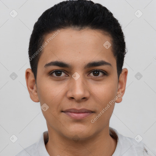 Joyful latino young-adult male with short  brown hair and brown eyes