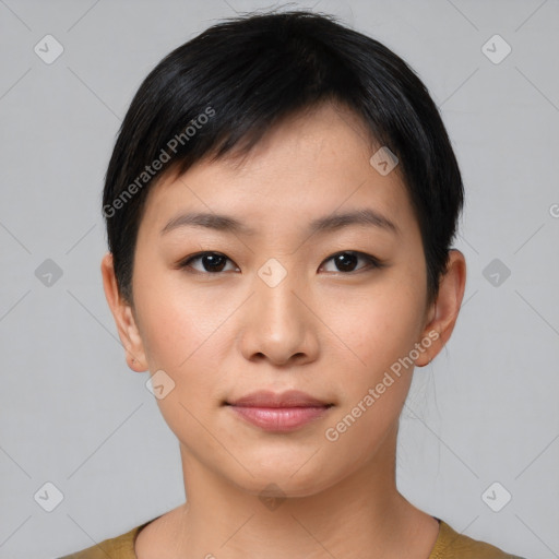 Neutral asian young-adult female with short  black hair and brown eyes