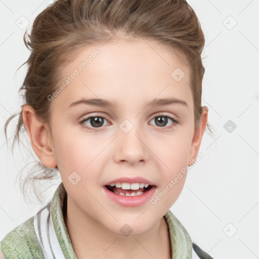 Joyful white child female with medium  brown hair and grey eyes