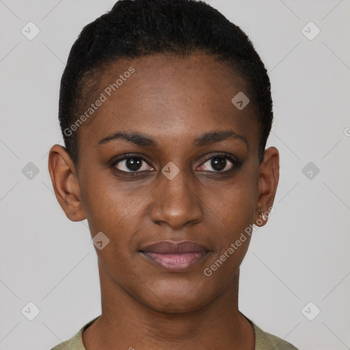 Neutral black young-adult female with short  black hair and brown eyes